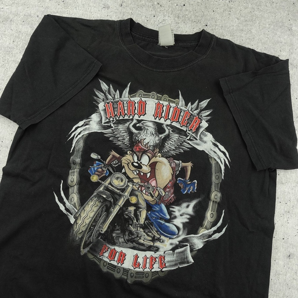 Vintage Looney Tunes Taz Hard Rider for Life Motorcycle T-shirt Black Adult L